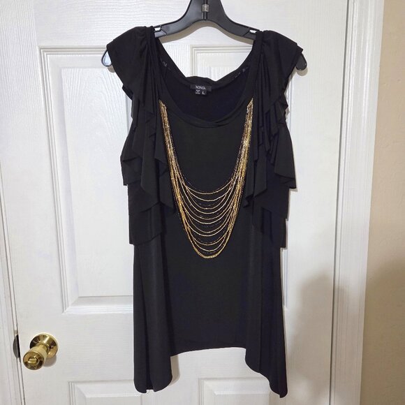 XOXO Black Ruffle Sleeve Top with Gold Chain Detail – Size L - Picture 1 of 11